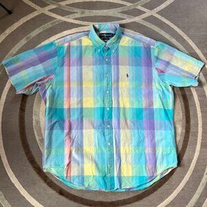 VINTAGE Ralph Lauren Blaire Multicolor Pastel Plaid Short Sleeve Shirt Men's XL